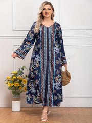  Colorblock Floral Print V Neck Maxi Dress