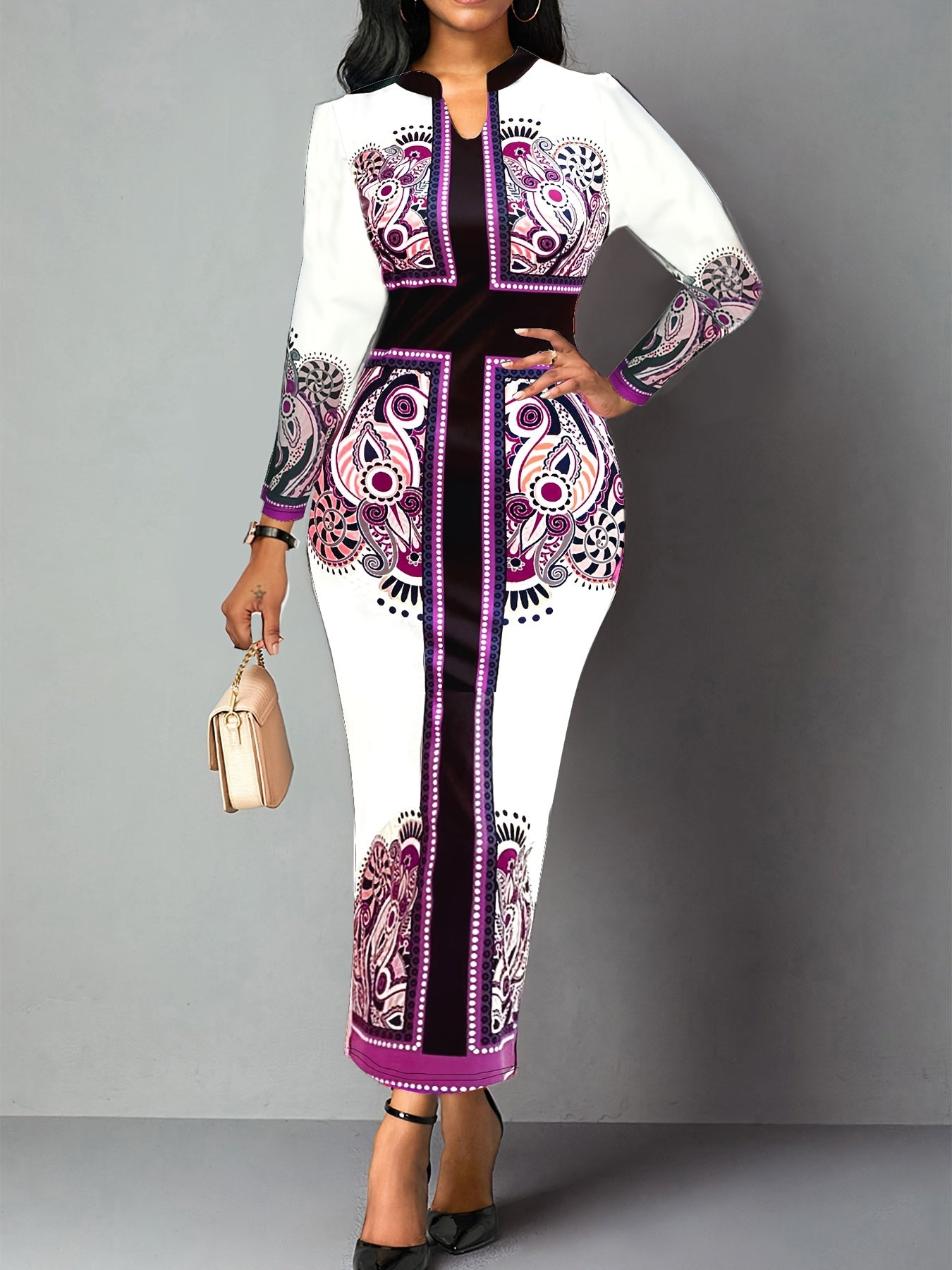  Cross & Paisley Print Long Sleeve Maxi Dress