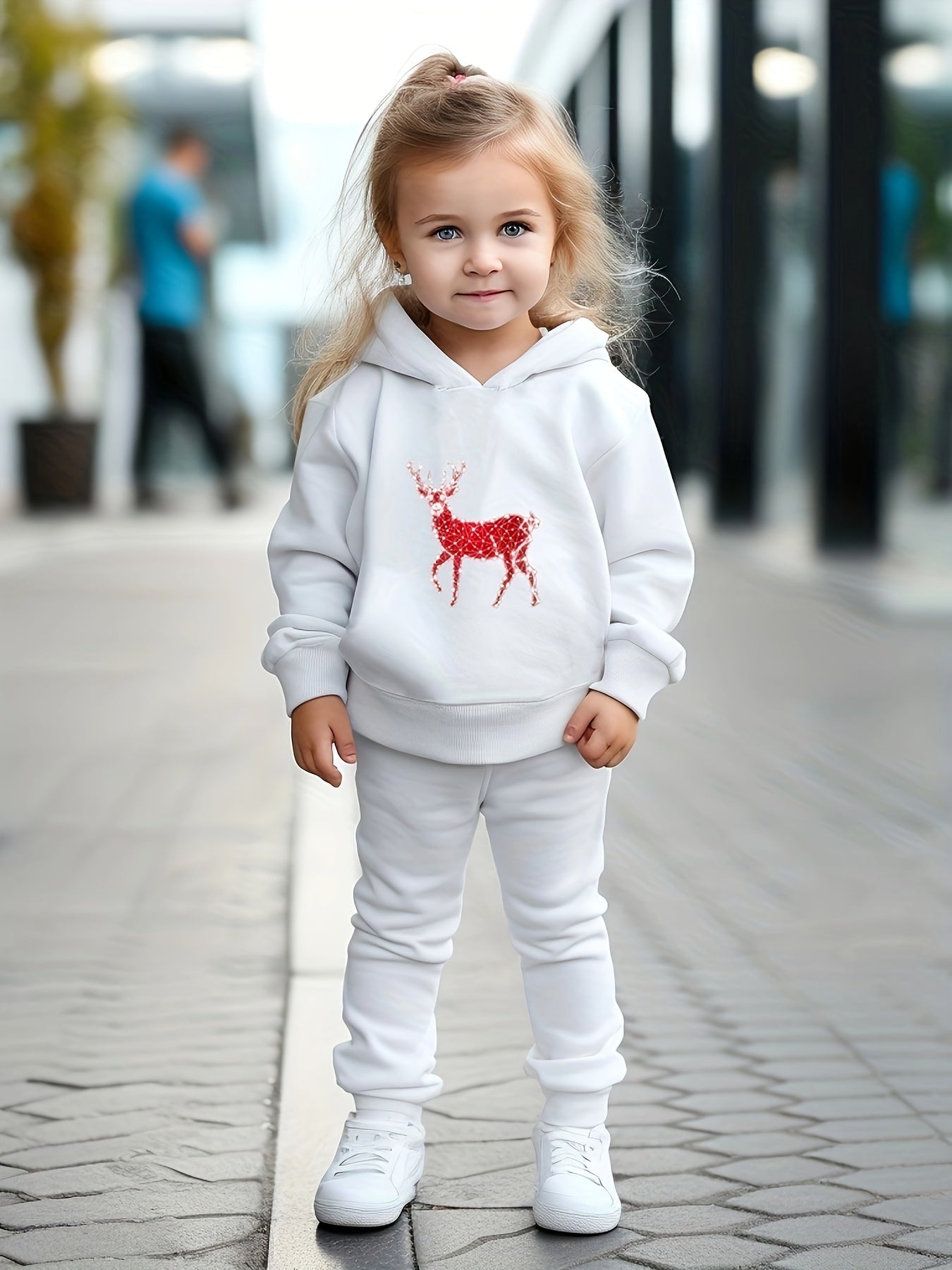Girls Cartoon Deer Pattern Hooded Sweatshirt and Sweatpants Set