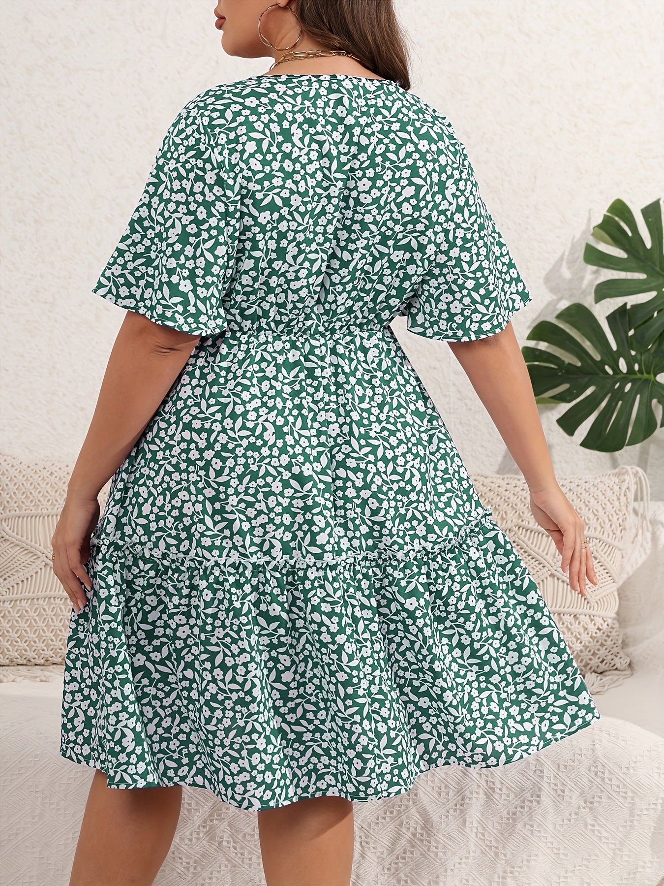  Floral Print Surplice Neck Midi Wrap Dress
