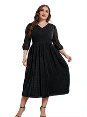  V Neck 3 4 Lantern Sleeve Midi Dress