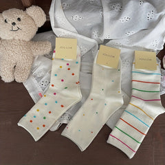 3 Pairs Polka Dot & Striped Socks Women's Mid Tube Socks