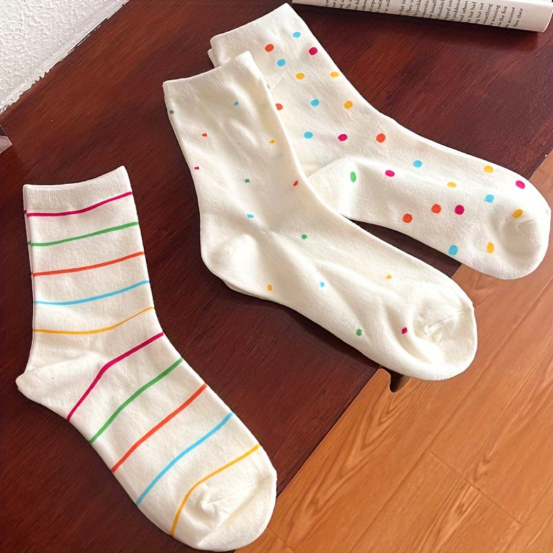 3 Pairs Polka Dot & Stripe Print Socks Soft Mid Tube Women's Stockings