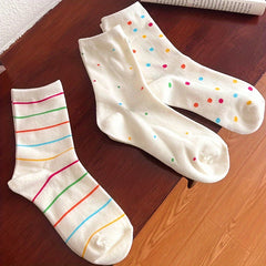 3 Pairs Polka Dot & Stripe Print Socks Soft Mid Tube Women's Stockings