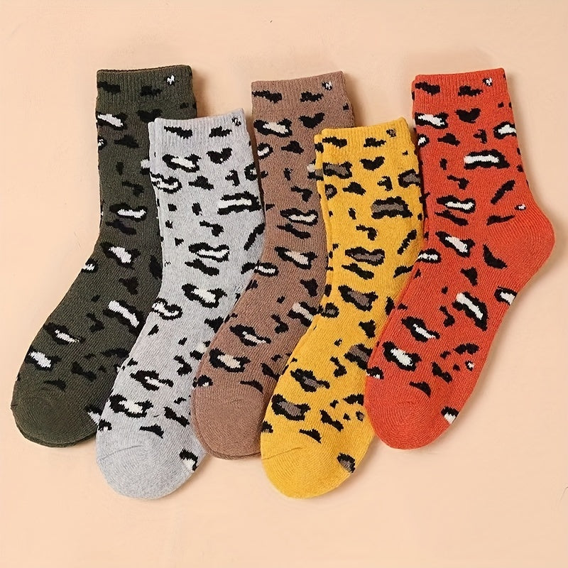 5 Pairs Leopard Print Socks Soft Mid Tube Stockings Women's Hosiery
