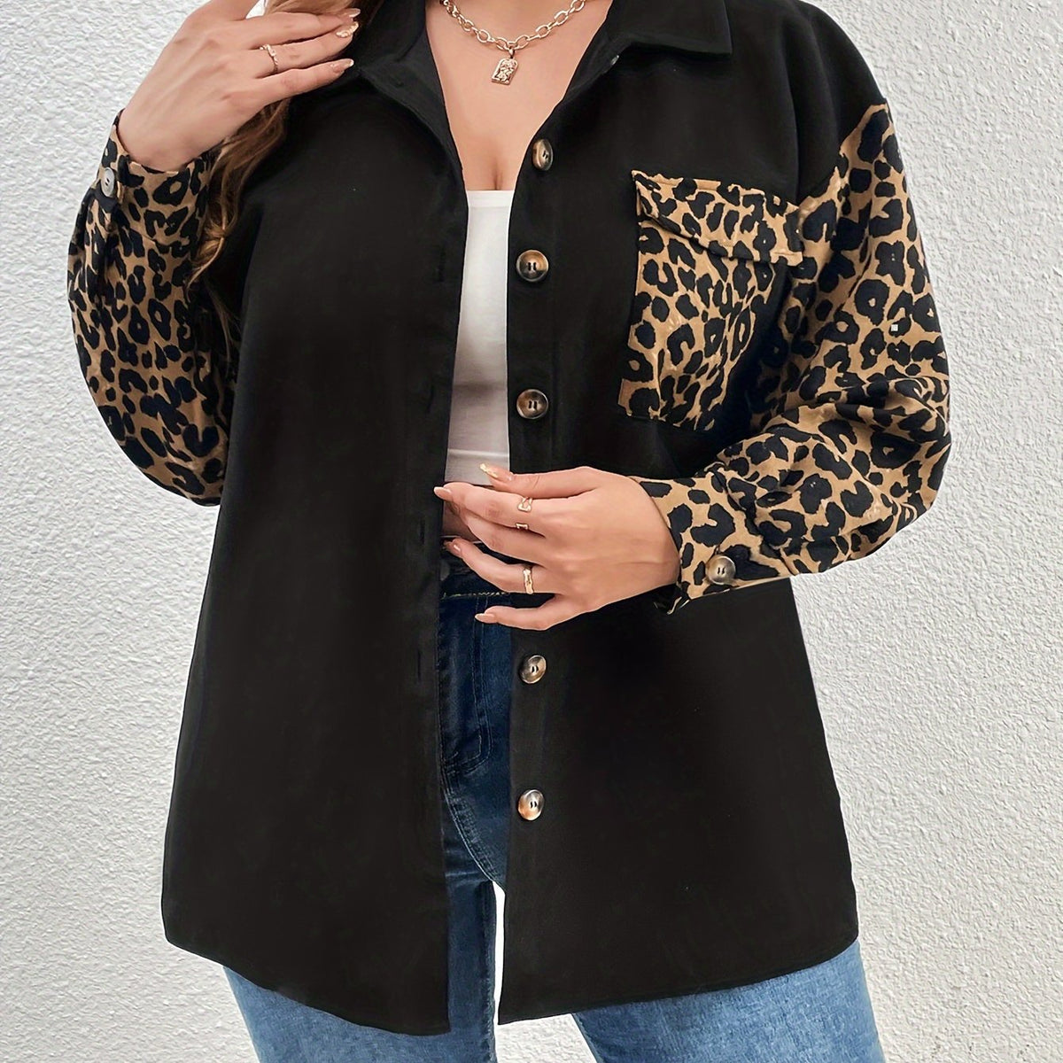  Colorblock Leopard Print Long Sleeve Blouse
