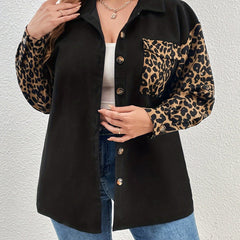  Colorblock Leopard Print Long Sleeve Blouse