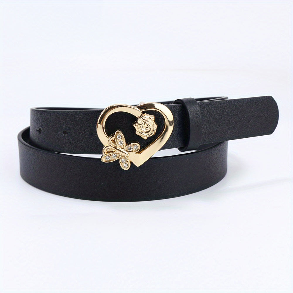 Rose Butterfly Heart Buckle Belt Classic Solid PU Leather Belt For Women