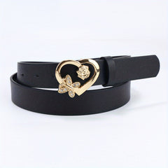 Rose Butterfly Heart Buckle Belt Classic Solid PU Leather Belt For Women