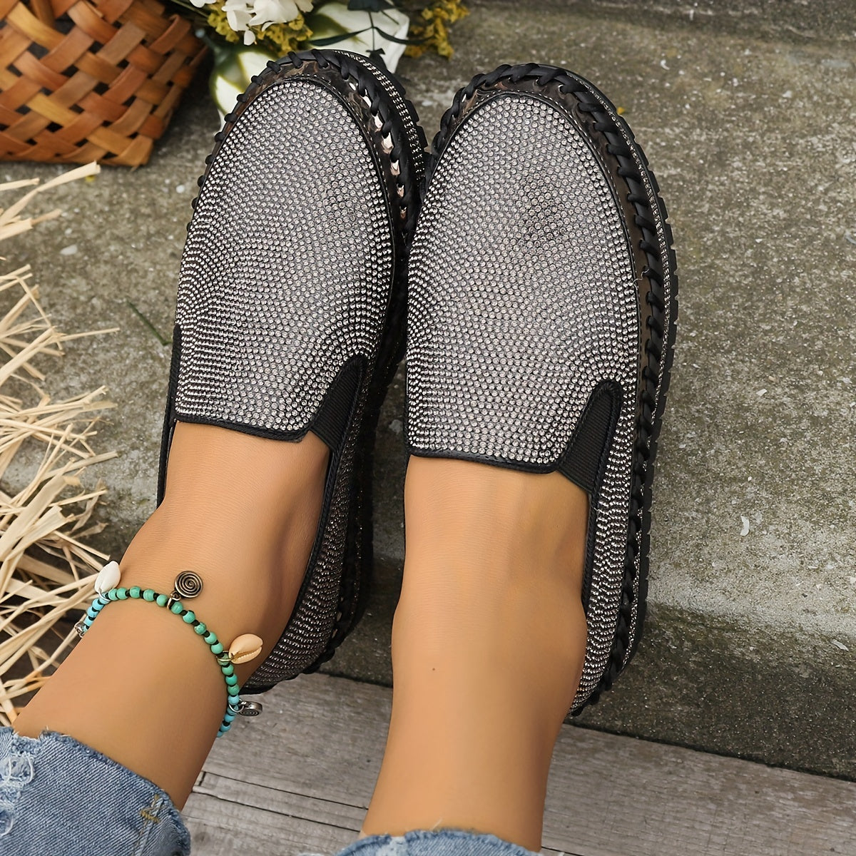 Women's Rhinestone Platform Loafers Slip On Shoes