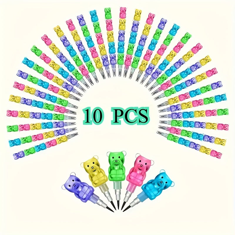 10pcs Bear Shaped Plastic Pencils Multicolor Stackable Ergonomic Grip