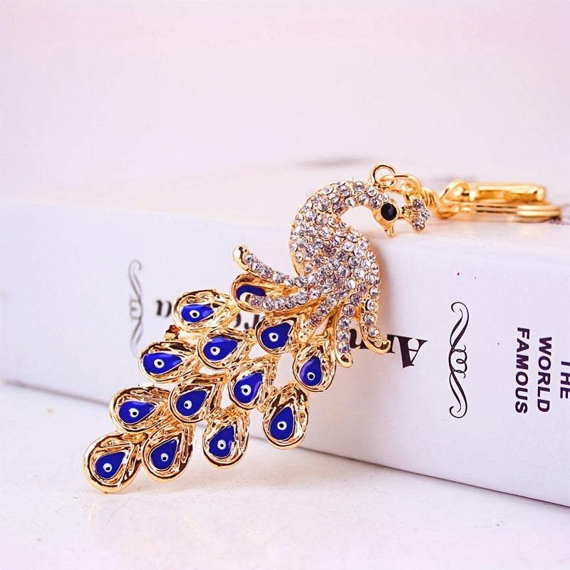 Vintage Rhinestone Peacock Keychain Pendant Animal Keyring Ornament
