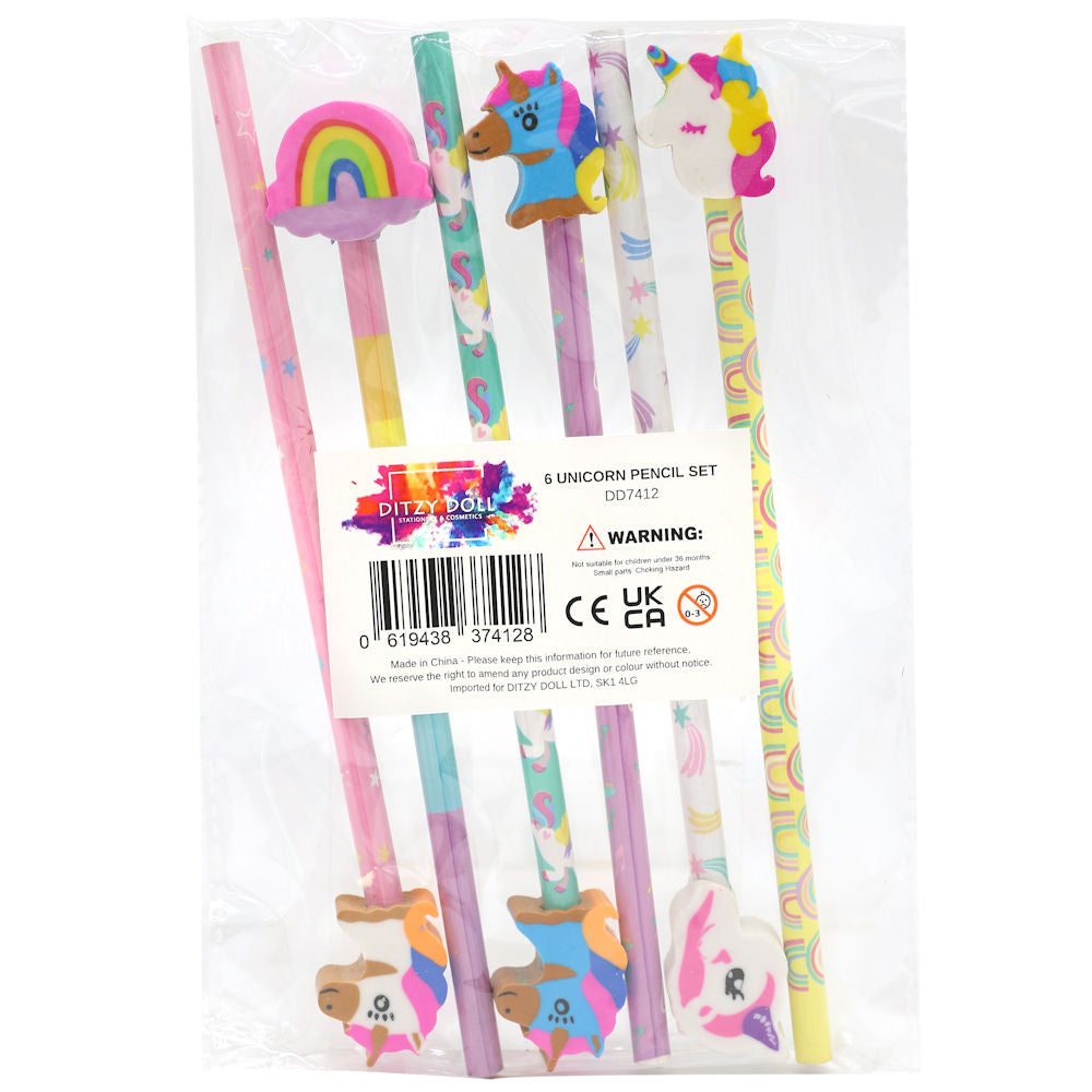 Unicorn Pencils & Erasers 6 Pack Assorted Stationery Set for Kids