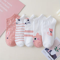 5 Pairs Cat Print Short Socks Breathable Ankle Stockings