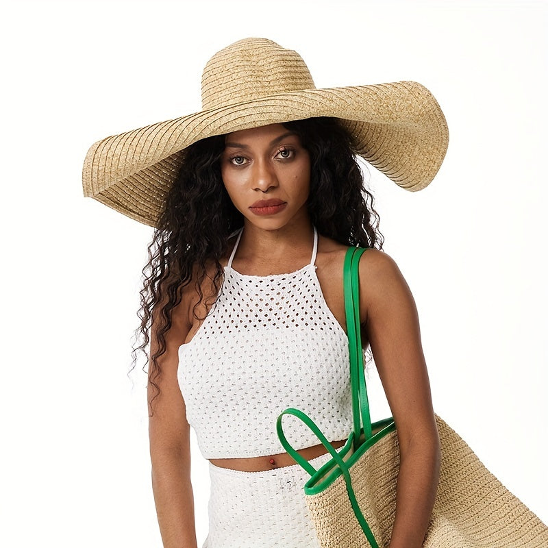 Oversized Wide Brim Sun Hat Khaki French Style Straw Hats UV Protection