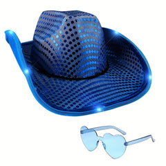 Y2K Cowboy Hat Sunglasses Set with LED Western Cowgirl Cap