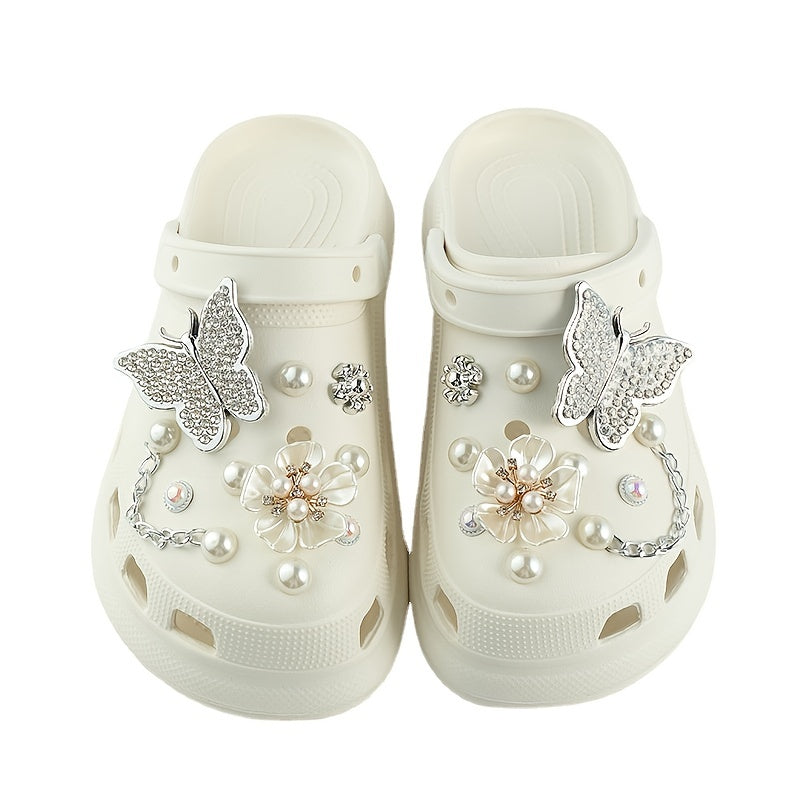 Charms Bling Shoe Decorations Flower&Silver Butterfly Faux Pearl Accessories