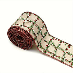 1pc 4 57 Meter Christmas Wired Edge Ribbon Green Twig Checked Pattern