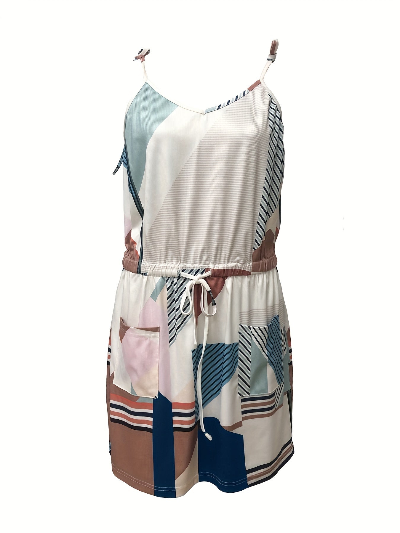  Colorblock Stripe Print V Neck Drawstring Mini Dress