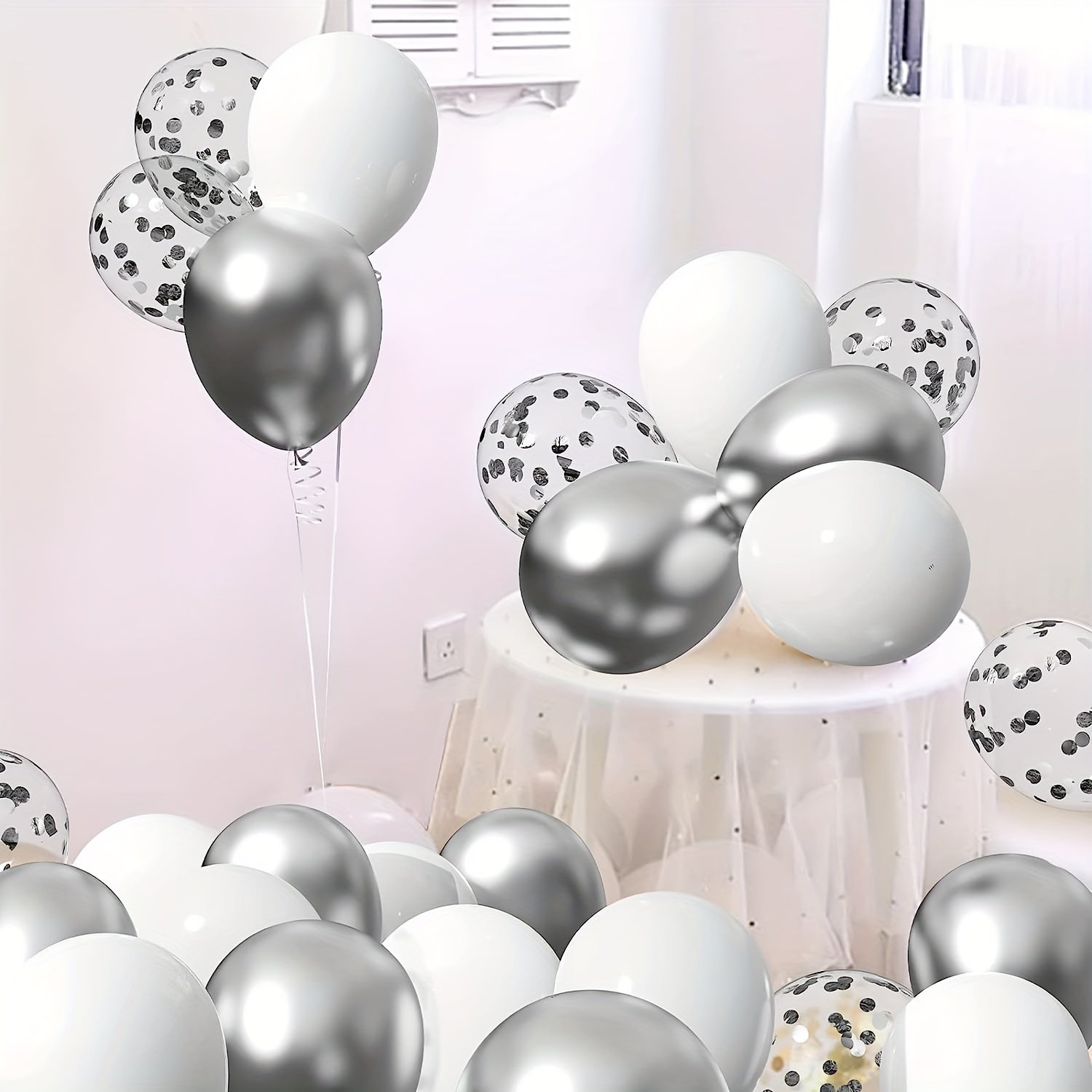 60 Matte Silver & Confetti Balloons 12" Birthday Wedding