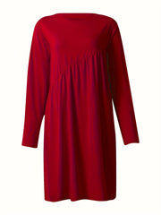 Solid Long Sleeve Tucked Dress Casual Crew Neck Dress For Spring & Fall