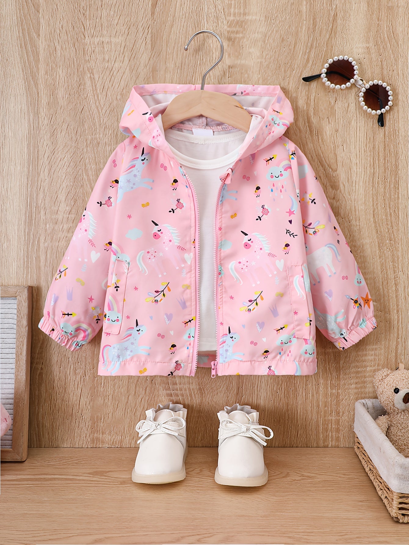 Girl's Cartoon Hooded Jacket Outdoor Windbreaker Zip Up Coat