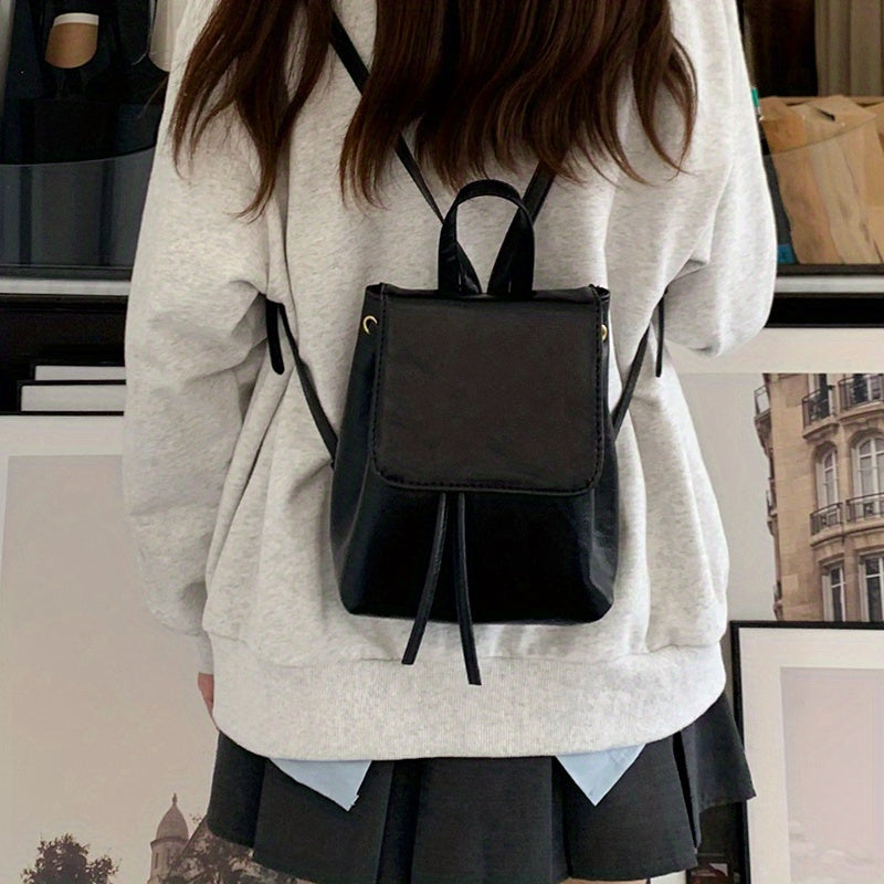 Small Drawstring Flap Backpack PU Leather Textured School Backpack