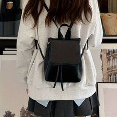 Small Drawstring Flap Backpack PU Leather Textured School Backpack