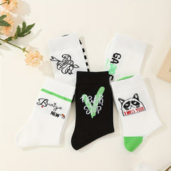 5 Pairs Letter Print Socks Comfy & Breathable Street Mid Tube Socks
