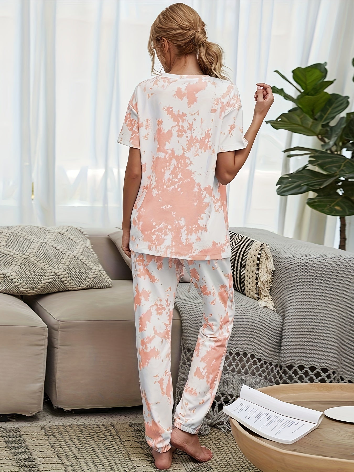 Tie Dye Print Lounge Set Short Sleeve Top & Pants