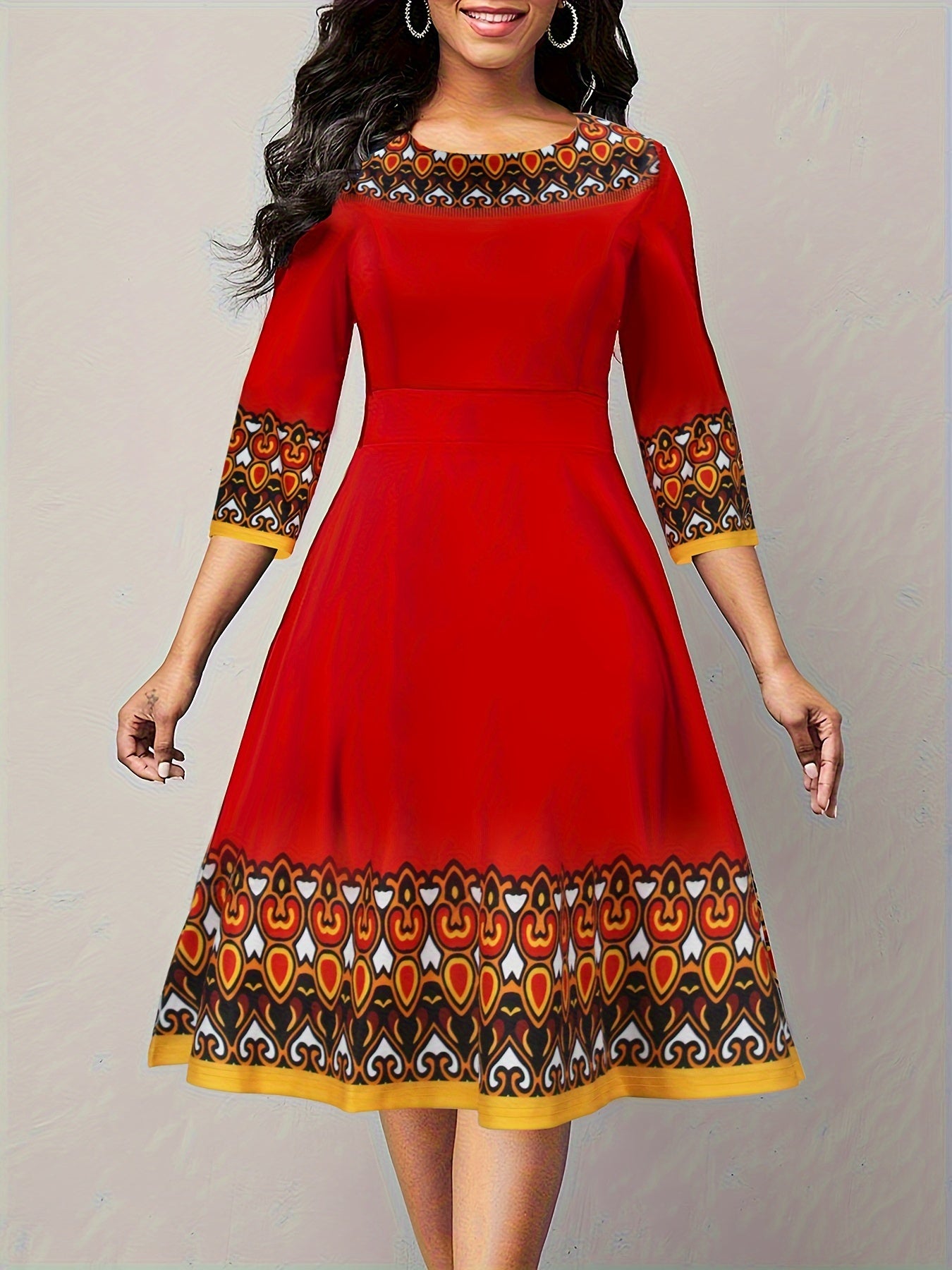  Colorblock Graphic Print Round Neck Dress