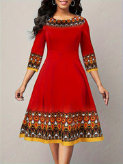  Colorblock Graphic Print Round Neck Dress