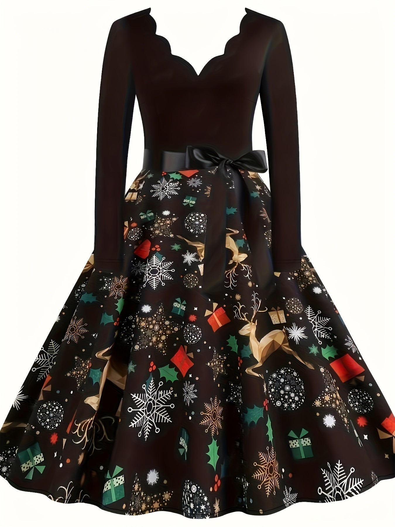 Colorblock Print V Neck Floral Trim Dress