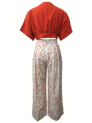 Casual Two Piece Pants Set Button Front Crop Top & Floral Print Wide Leg Pants