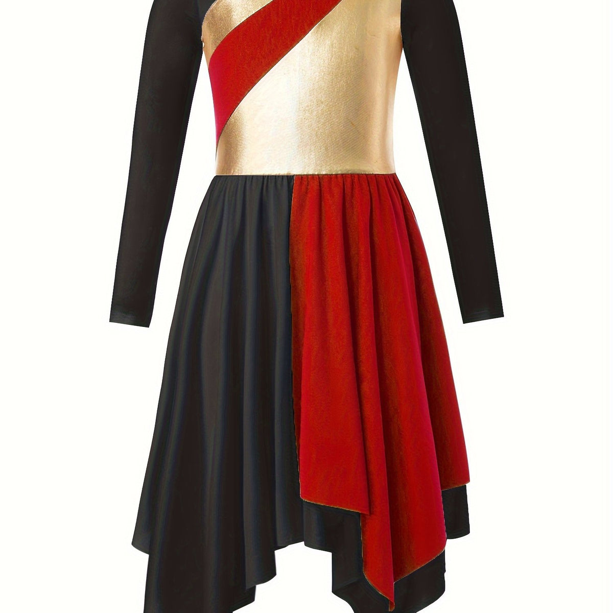 Girls Splicing Crew Neck Long Sleeve Dance Dress