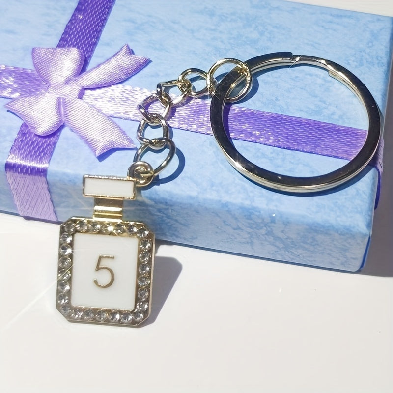 Rhinestone Decor Perfume Bottle Keychain Metal Key Ring Customizable Gift