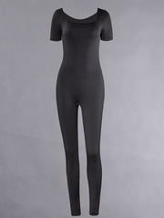 Sexy Short Sleeve Jumpsuit High Stretch Solid Color