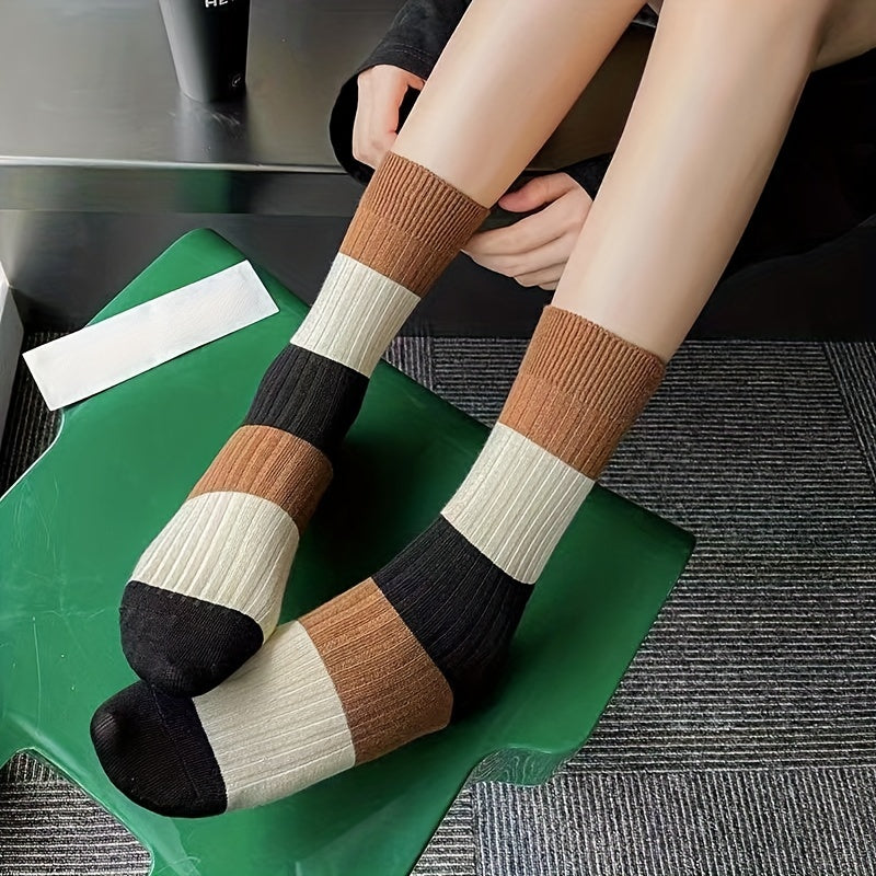 3 Pairs College Style Colorblock Striped Socks Women's Stockings