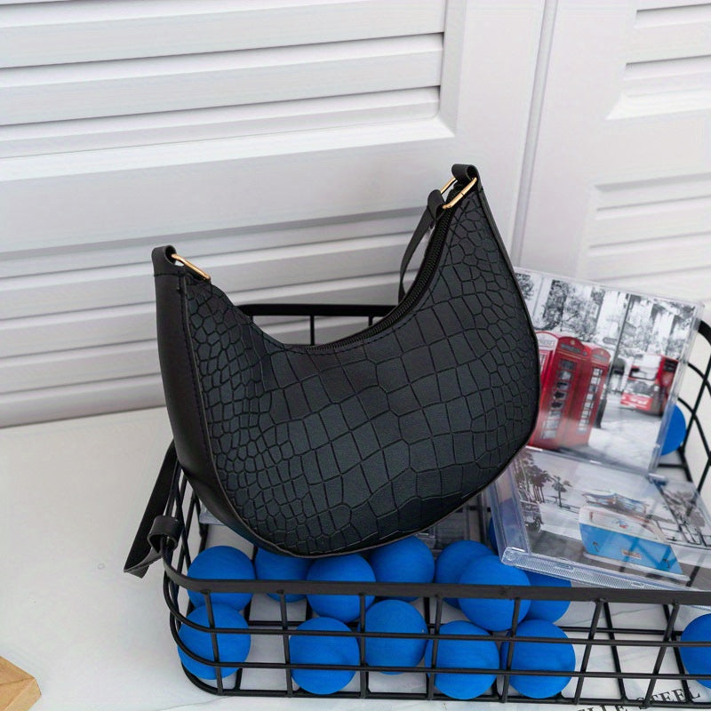 Crocodile Pattern Crescent Handbag Vegan Leather Hobo Purse