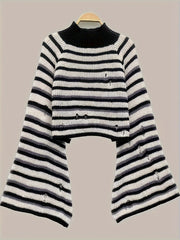  Punk Sweater Women's Plus Colorblock Stripe Print Bell Sleeve Mock Nec