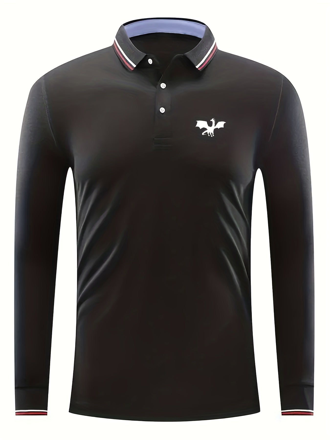 Men's Dragon Print Long Sleeve Polo Shirt Breathable Button Up Top
