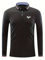 Men's Dragon Print Long Sleeve Polo Shirt Breathable Button Up Top