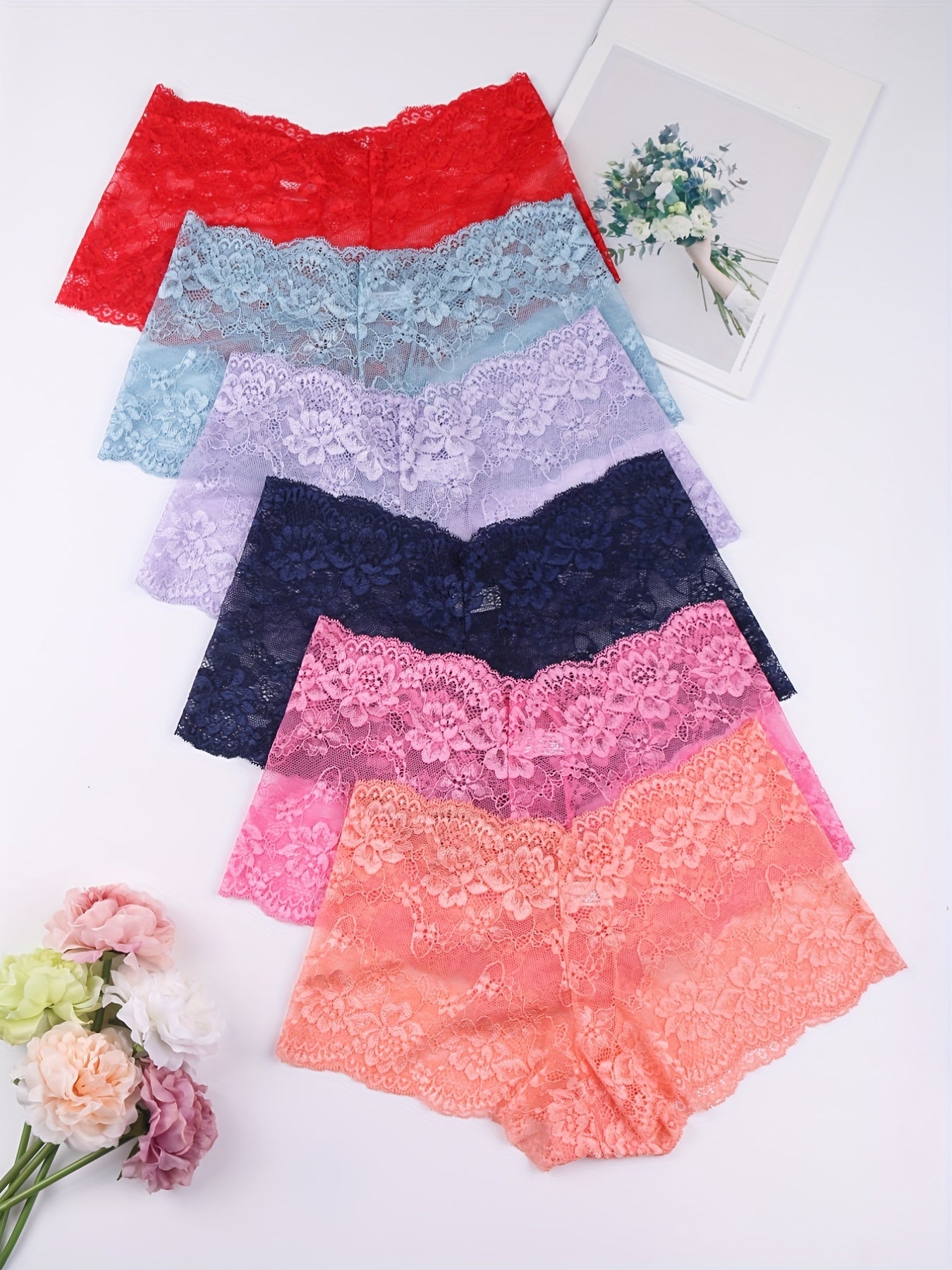 6pcs Floral Lace Boyshort Panties Soft & Comfortable Women's Lingerie