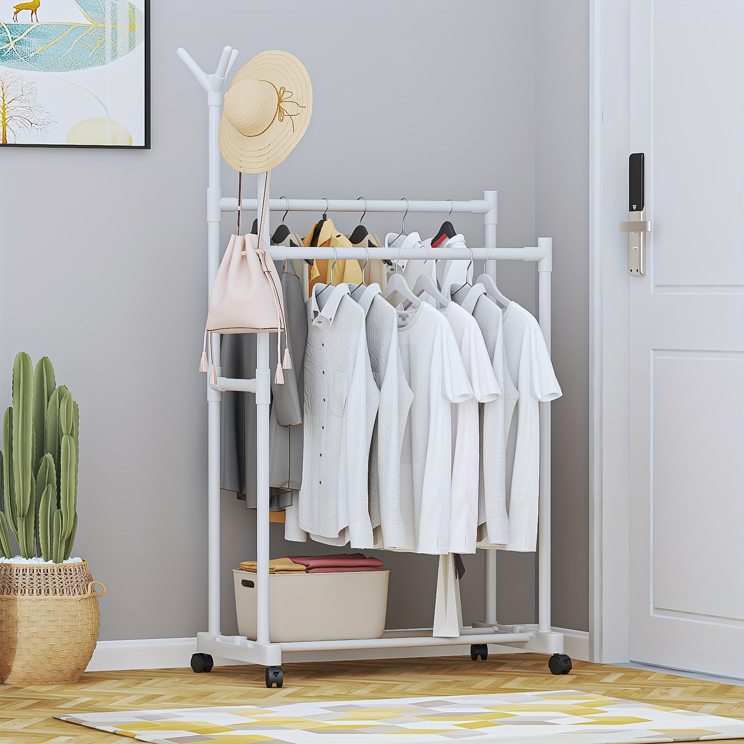 Double Pole Coat Rack With Pulley 2 Layer Clothes Rack Standing Coat Rack