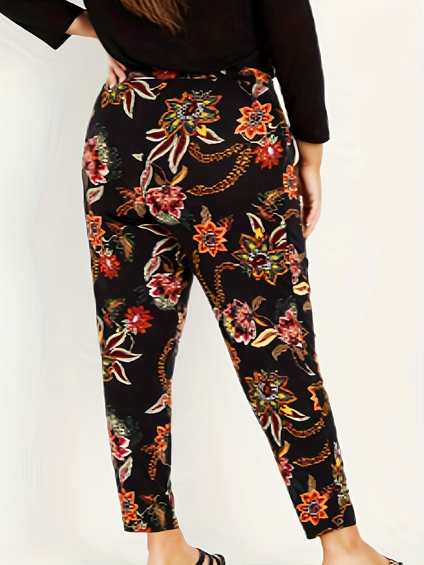  Boho Pants Women's Plus Floral Print Elastic Tapered Pants