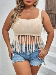  Solid Square Neck Fringe Trim Crop Tank Top