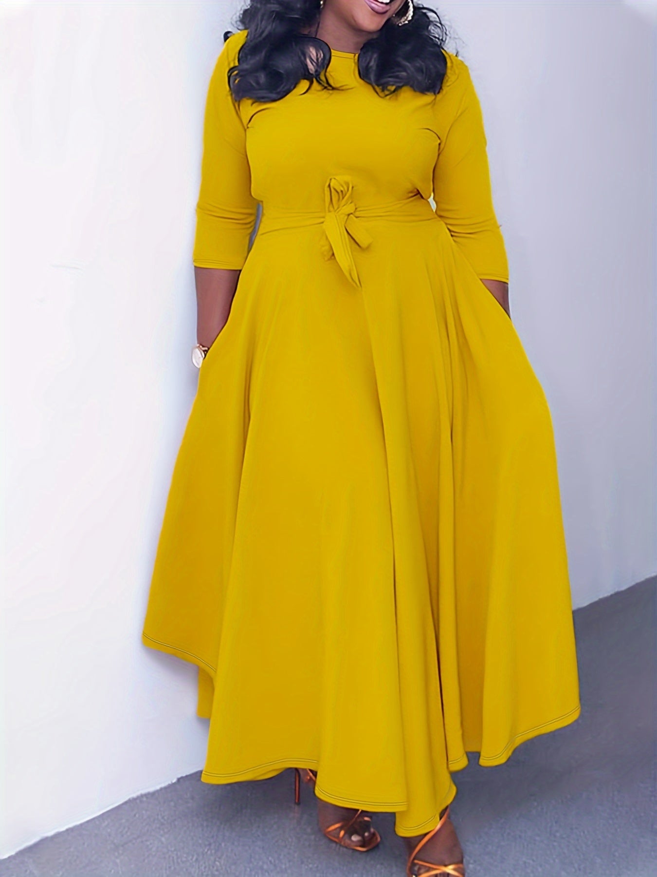  Solid Three Quarter Sleeve Maxi Dress With Belt
