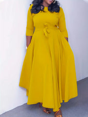  Solid Three Quarter Sleeve Maxi Dress With Belt