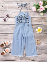 Girls Denim Overalls Halterneck Backless Jumpsuit