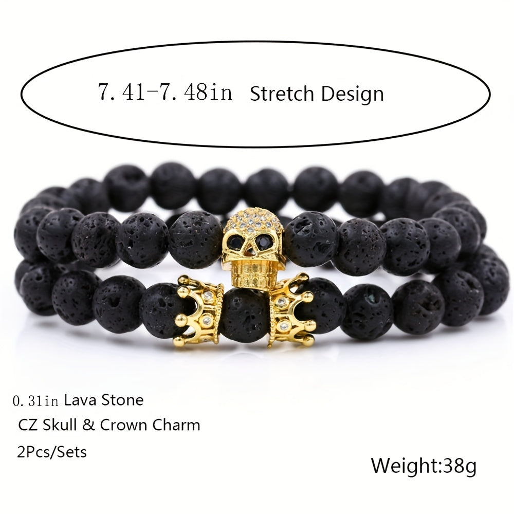 Volcanic Stone Micro Inlaid Skull Small Crown Men's Bracelet